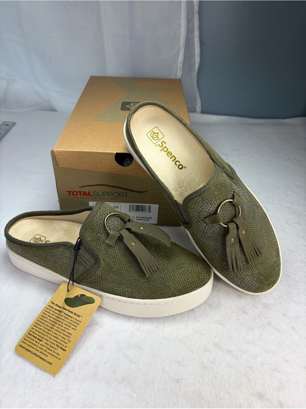 8.5 Spenco Spenco Orthotic Bindie Slide Mules Dark Olive Snakeskin Embossed